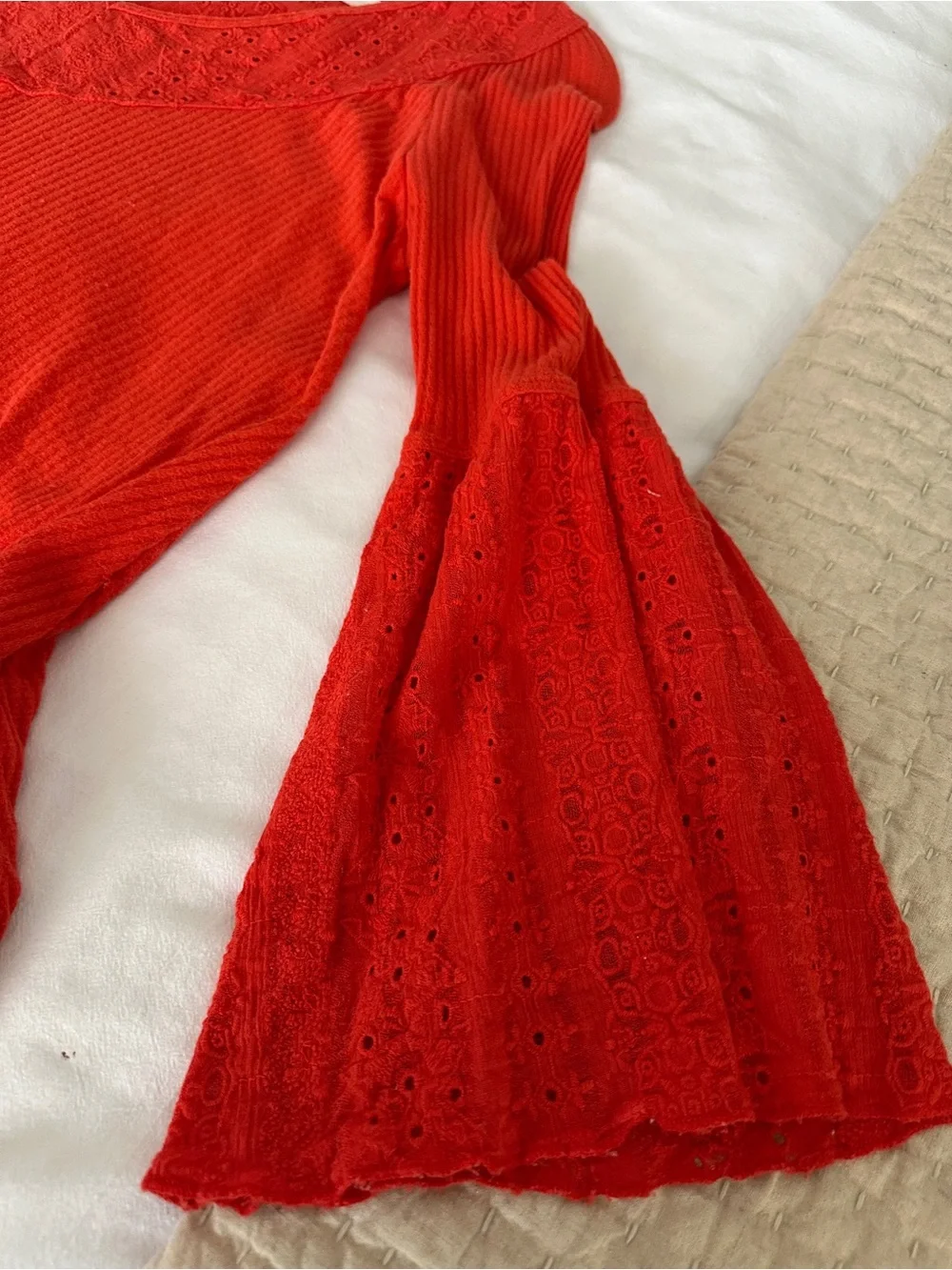 Free People Red/Orange  Lace-Trim V-Neck Bell Sleeve Tunic